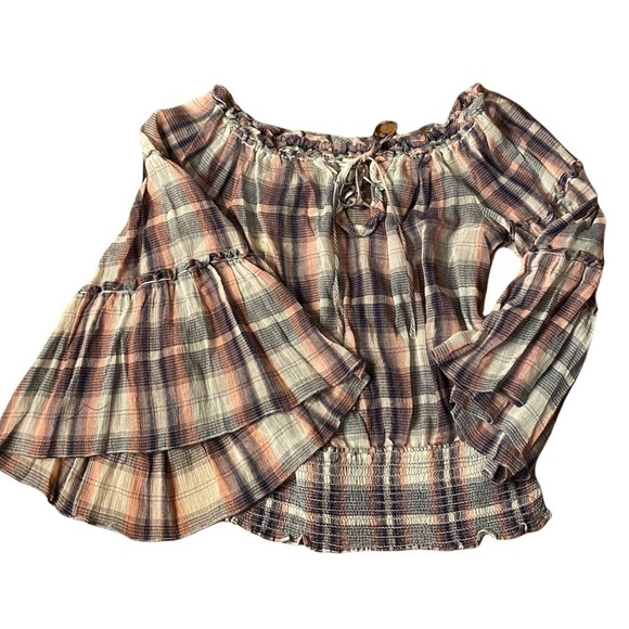 Max Studio Off the Shoulder Cottagecore Plaid Women's Top. New with tag - Picture 1 of 4